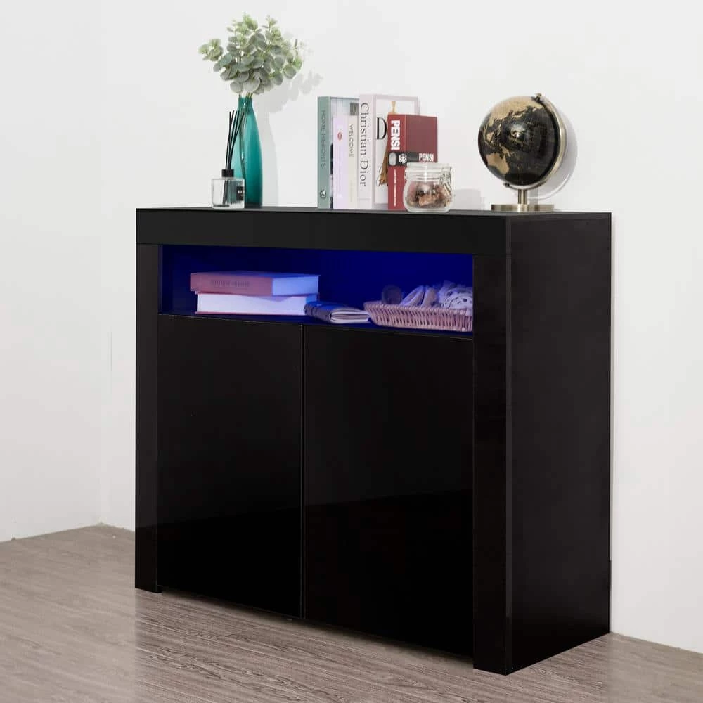 Black High Gloss Kitchen Buffet Cupboard 2-Doors Sideboard Storage Cabinet with LED Light by sumyeg 9 Black High Gloss Kitchen Buffet Cupboard 2-Doors Sideboard Storage Cabinet with LED Light by sumyeg - Image 7