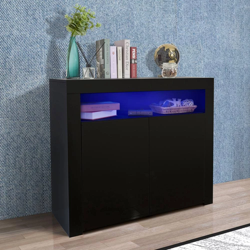 Black High Gloss Kitchen Buffet Cupboard 2-Doors Sideboard Storage Cabinet with LED Light by sumyeg 4 Black High Gloss Kitchen Buffet Cupboard 2-Doors Sideboard Storage Cabinet with LED Light by sumyeg - Image 2