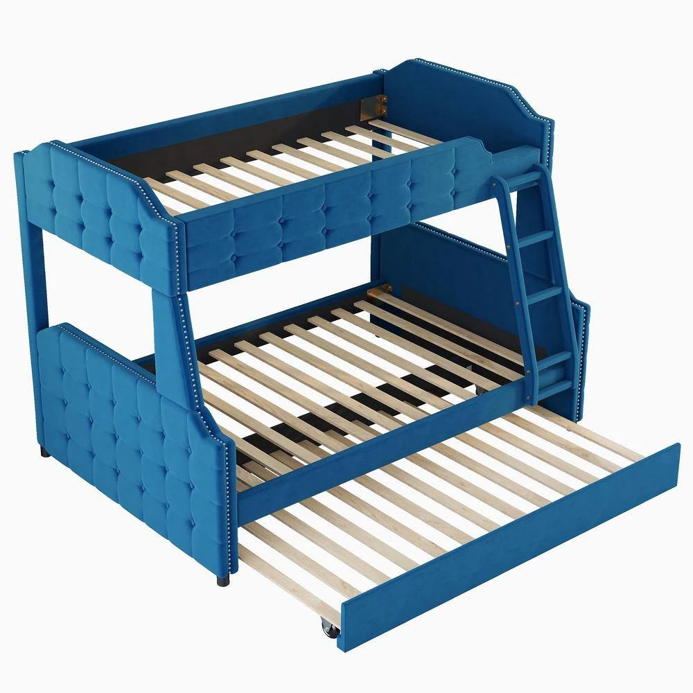 Blue Twin over Full Upholstered Bunk Bed with Trundle and Ladder, Tufted Button Design by Polibi 9 Blue Twin over Full Upholstered Bunk Bed with Trundle and Ladder, Tufted Button Design by Polibi - Image 7