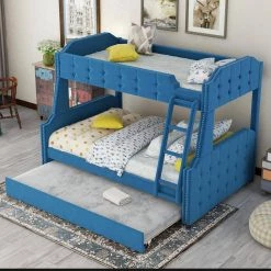Blue Twin over Full Upholstered Bunk Bed with Trundle and Ladder, Tufted Button Design by Polibi 19 Blue Twin over Full Upholstered Bunk Bed with Trundle and Ladder, Tufted Button Design by Polibi -Cheap sumyeg Store blue polibi bunk beds mb tfbbt bu 31 1000