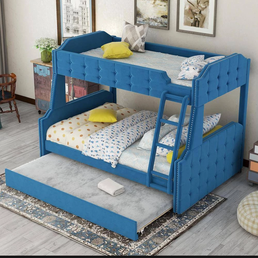 Blue Twin over Full Upholstered Bunk Bed with Trundle and Ladder, Tufted Button Design by Polibi 11 Blue Twin over Full Upholstered Bunk Bed with Trundle and Ladder, Tufted Button Design by Polibi - Image 9