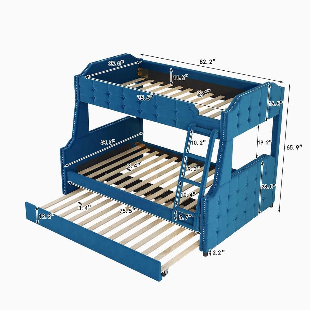 Blue Twin over Full Upholstered Bunk Bed with Trundle and Ladder, Tufted Button Design by Polibi 5 Blue Twin over Full Upholstered Bunk Bed with Trundle and Ladder, Tufted Button Design by Polibi - Image 3