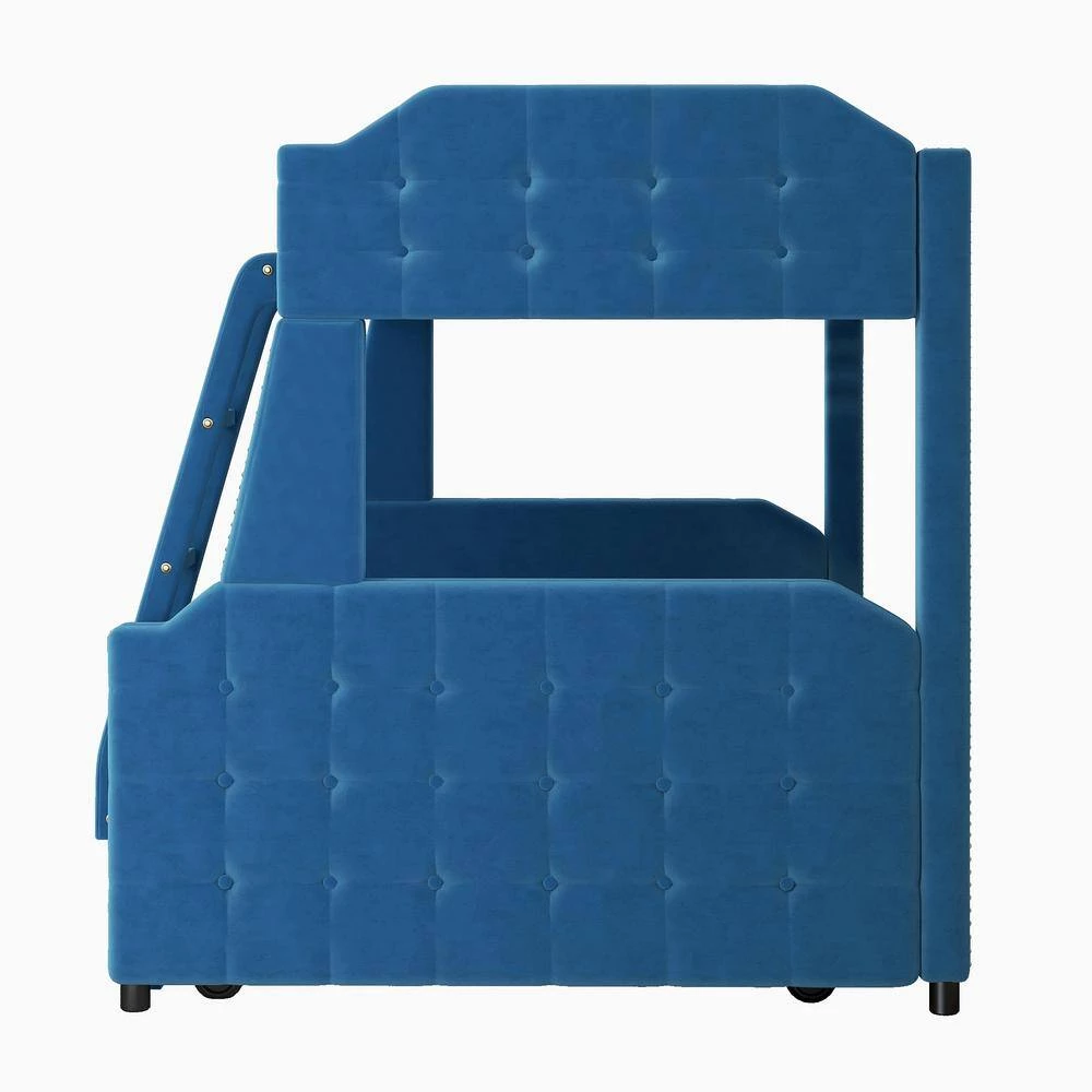 Blue Twin over Full Upholstered Bunk Bed with Trundle and Ladder, Tufted Button Design by Polibi 10 Blue Twin over Full Upholstered Bunk Bed with Trundle and Ladder, Tufted Button Design by Polibi - Image 8