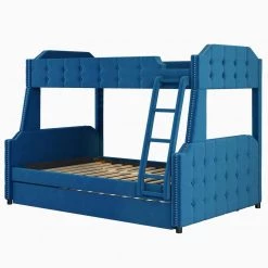 Blue Twin over Full Upholstered Bunk Bed with Trundle and Ladder, Tufted Button Design by Polibi