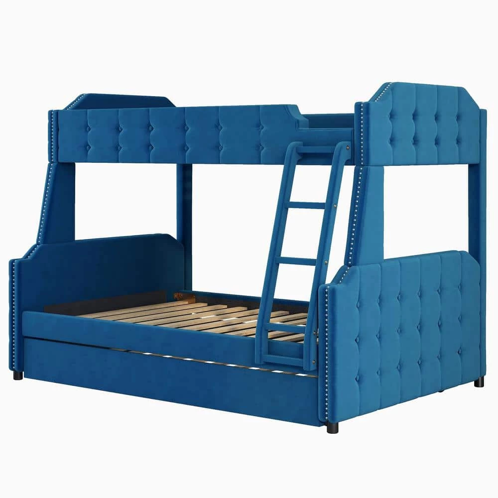 Blue Twin over Full Upholstered Bunk Bed with Trundle and Ladder, Tufted Button Design by Polibi 3 Blue Twin over Full Upholstered Bunk Bed with Trundle and Ladder, Tufted Button Design by Polibi