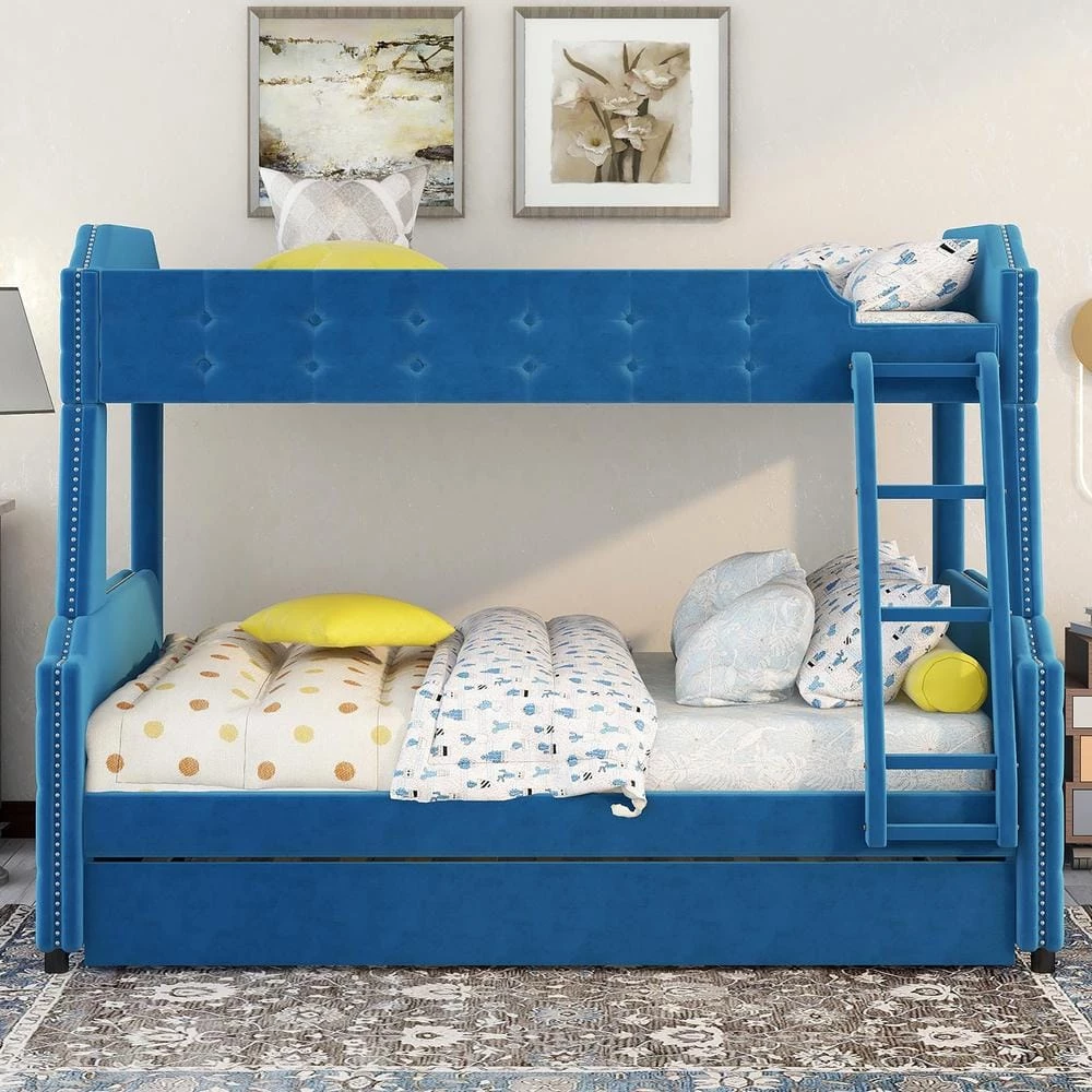 Blue Twin over Full Upholstered Bunk Bed with Trundle and Ladder, Tufted Button Design by Polibi 4 Blue Twin over Full Upholstered Bunk Bed with Trundle and Ladder, Tufted Button Design by Polibi - Image 2