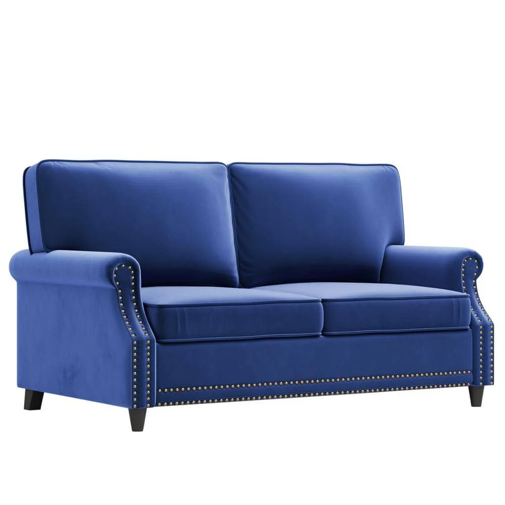 64.50 in. Modern Blue Velvet Rolled Arm 2 Seat Loveseats with Nailhead Decoration by Polibi 3 64.50 in. Modern Blue Velvet Rolled Arm 2 Seat Loveseats with Nailhead Decoration by Polibi