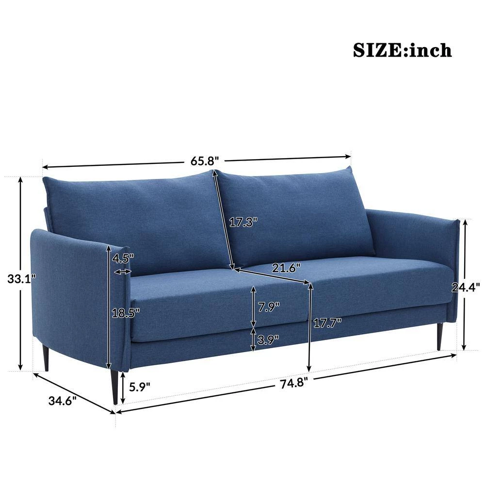 65.8 in. W Minimalism Blue Couch Linen Upholstery Arc Armrest 2-Seater Loveseat with High Resilience Seat Cushions by Polibi 5 65.8 in. W Minimalism Blue Couch Linen Upholstery Arc Armrest 2-Seater Loveseat with High Resilience Seat Cushions by Polibi - Image 3