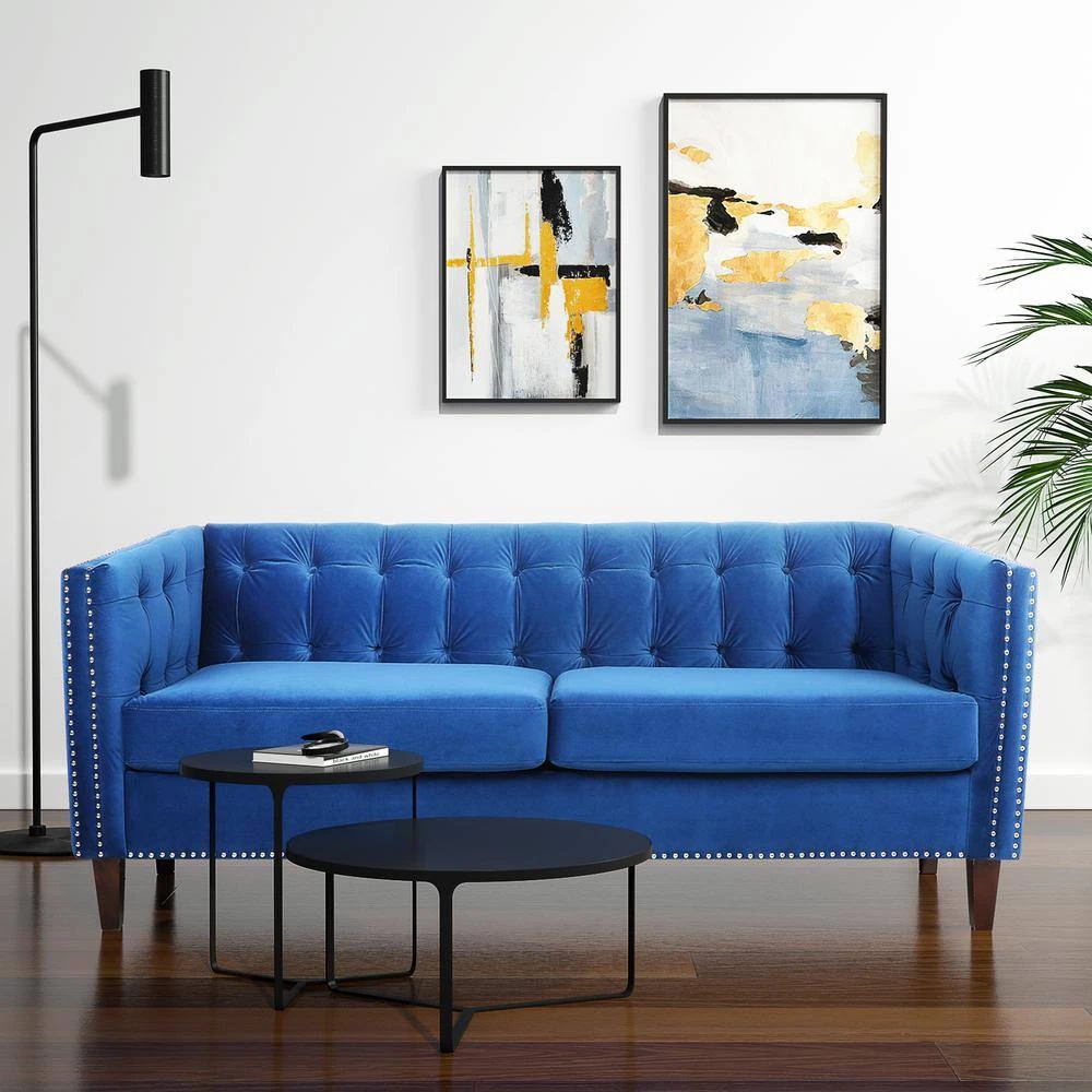 31.5 in. Flared Arm Sofa Velvet 3-Seater Rectangular Straight Sofa with Reversible Cushion in Blue by sumyeg 13 31.5 in. Flared Arm Sofa Velvet 3-Seater Rectangular Straight Sofa with Reversible Cushion in Blue by sumyeg - Image 11