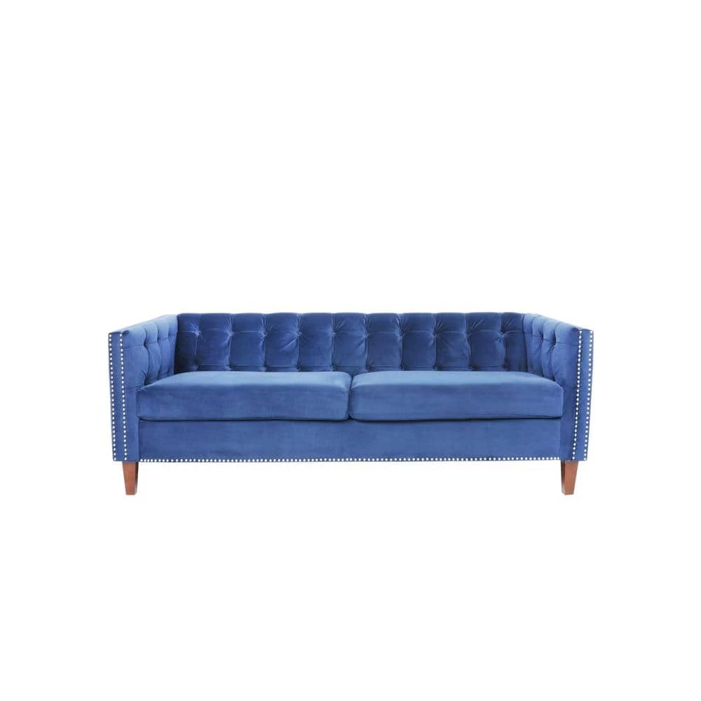 31.5 in. Flared Arm Sofa Velvet 3-Seater Rectangular Straight Sofa with Reversible Cushion in Blue by sumyeg 3 31.5 in. Flared Arm Sofa Velvet 3-Seater Rectangular Straight Sofa with Reversible Cushion in Blue by sumyeg