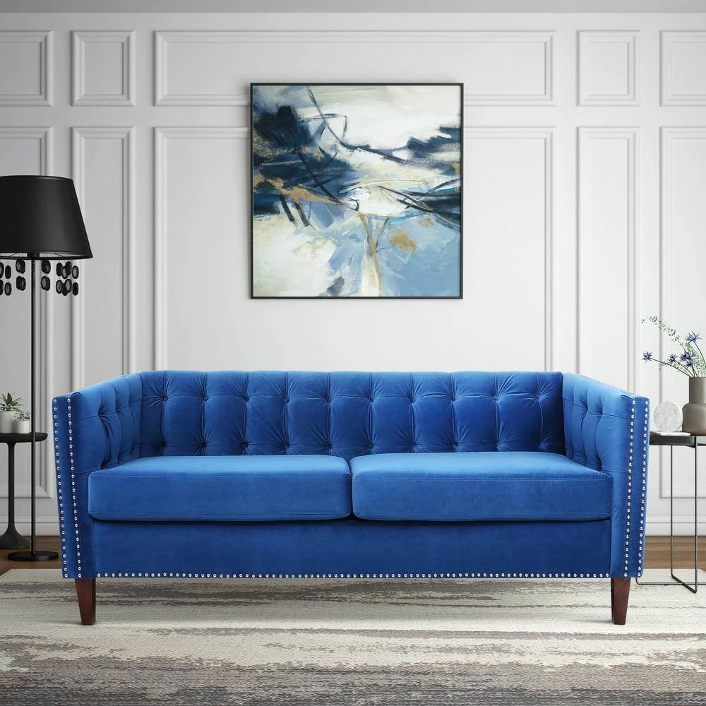 31.5 in. Flared Arm Sofa Velvet 3-Seater Rectangular Straight Sofa with Reversible Cushion in Blue by sumyeg 4 31.5 in. Flared Arm Sofa Velvet 3-Seater Rectangular Straight Sofa with Reversible Cushion in Blue by sumyeg - Image 2