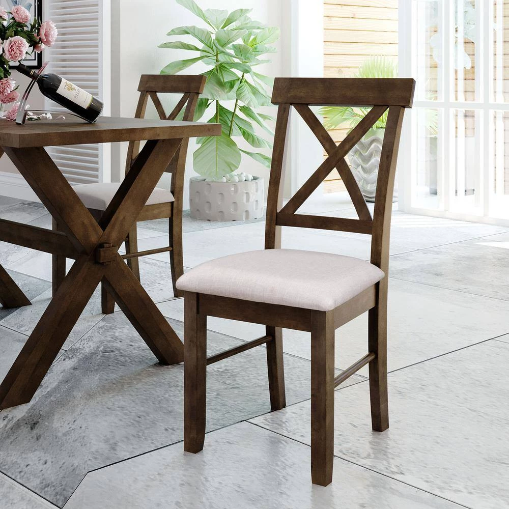 Farmhouse Rustic Wood Kitchen Upholstered Cross Back Dining Chairs in Brown(Set of 2) by Polibi 12 Farmhouse Rustic Wood Kitchen Upholstered Cross Back Dining Chairs in Brown(Set of 2) by Polibi - Image 10