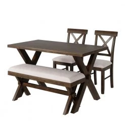 4 Pieces Brown Farmhouse Rustic Wood Dining Table Set with 2 Cross Back Chairs and Bench by Polibi