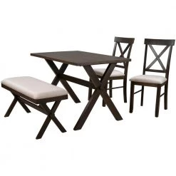4 Pieces Brown Farmhouse Rustic Wood Dining Table Set with 2 Cross Back Chairs and Bench by Polibi -Cheap sumyeg Store brown polibi dining room sets cb 4pfrdt bn c3 1000