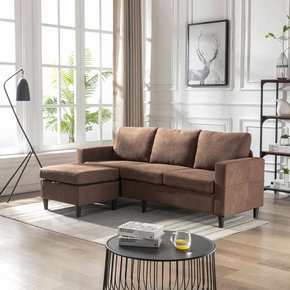77.90 in. W Square Arm Polyester 3-Seater L-Shape Sectional Sofa in Brown by Polibi 4 77.90 in. W Square Arm Polyester 3-Seater L-Shape Sectional Sofa in Brown by Polibi - Image 2