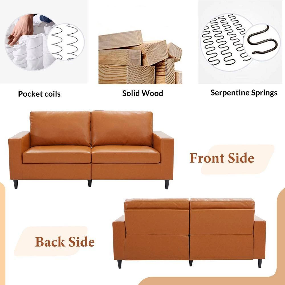 75.20 in. W Square Arm PU Leather Upholstered Modern Style Straight 3-Seat Sofa in Brown by Polibi 11 75.20 in. W Square Arm PU Leather Upholstered Modern Style Straight 3-Seat Sofa in Brown by Polibi - Image 9