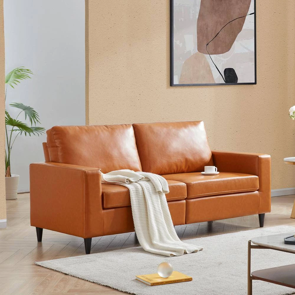 75.20 in. W Square Arm PU Leather Upholstered Modern Style Straight 3-Seat Sofa in Brown by Polibi 4 75.20 in. W Square Arm PU Leather Upholstered Modern Style Straight 3-Seat Sofa in Brown by Polibi - Image 2