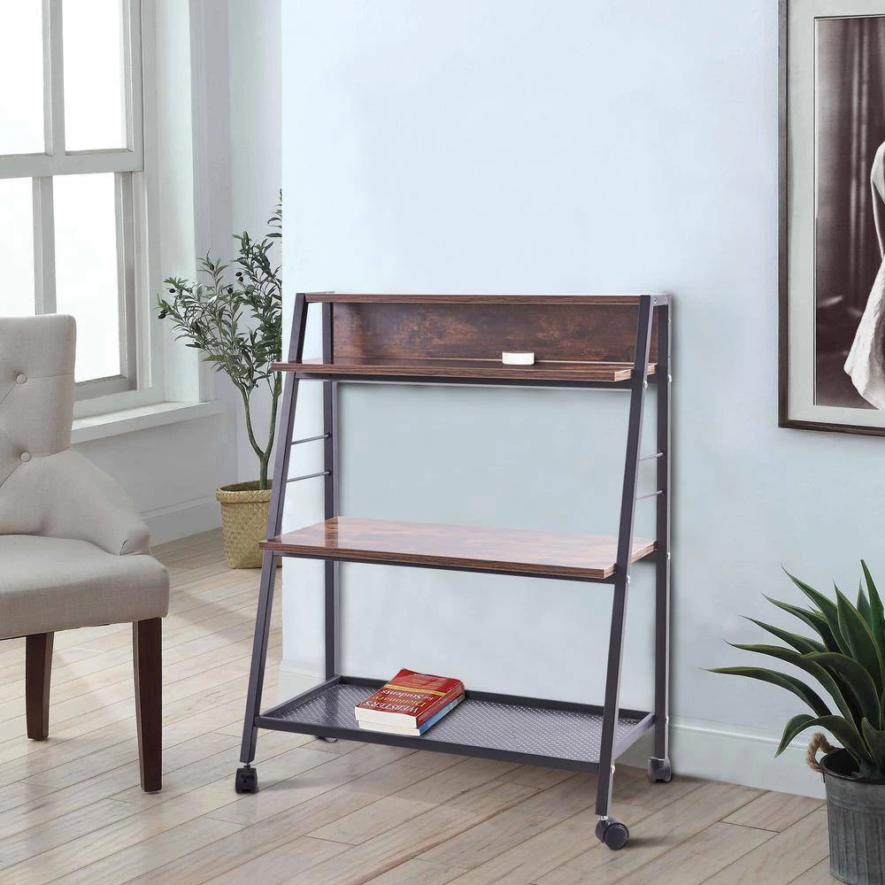 35 in. H Brown Wood 3-Shelf Classic Bookcase with Wheels Ladder Bookcase with Open Back by sumyeg 4 35 in. H Brown Wood 3-Shelf Classic Bookcase with Wheels Ladder Bookcase with Open Back by sumyeg - Image 2