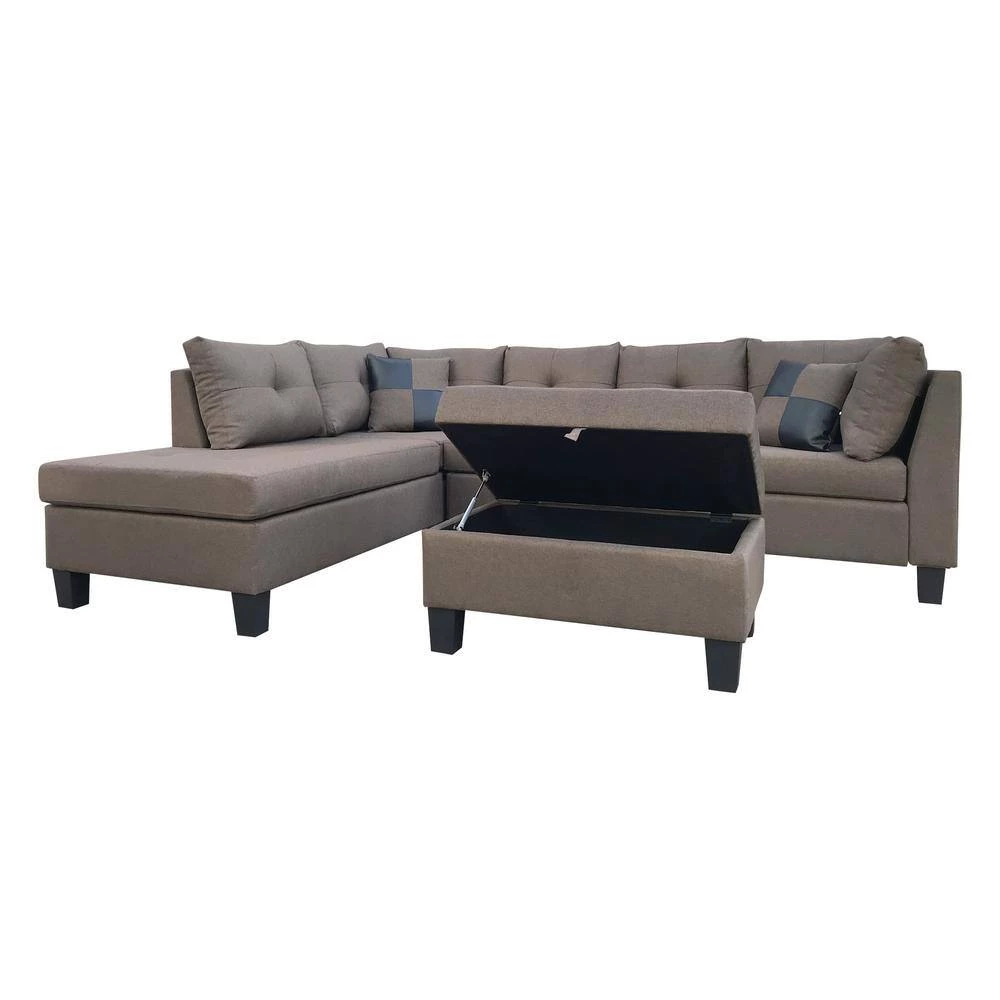 79.6 in. Width 3-Piece Linen Left Facing Loveseat Sectional Sofa in Brown With Ottoman by sumyeg 6 79.6 in. Width 3-Piece Linen Left Facing Loveseat Sectional Sofa in Brown With Ottoman by sumyeg - Image 4