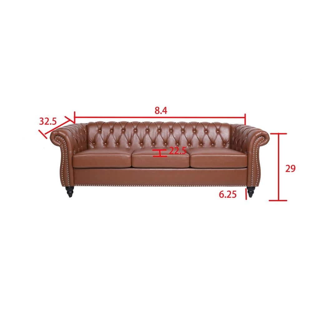 84 in. Wide Rolled Arm PU Leather Curved Sofa Seating 3-Seater Sofa with Reversible Cushions in Brown by sumyeg 11 84 in. Wide Rolled Arm PU Leather Curved Sofa Seating 3-Seater Sofa with Reversible Cushions in Brown by sumyeg - Image 9