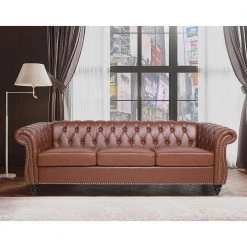 84 in. Wide Rolled Arm PU Leather Curved Sofa Seating 3-Seater Sofa with Reversible Cushions in Brown by sumyeg 27 84 in. Wide Rolled Arm PU Leather Curved Sofa Seating 3-Seater Sofa with Reversible Cushions in Brown by sumyeg -Cheap sumyeg Store brown sumyeg sofas couches su ch3534bn3 31 1000