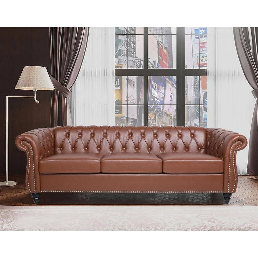 84 in. Wide Rolled Arm PU Leather Curved Sofa Seating 3-Seater Sofa with Reversible Cushions in Brown by sumyeg 15 84 in. Wide Rolled Arm PU Leather Curved Sofa Seating 3-Seater Sofa with Reversible Cushions in Brown by sumyeg - Image 13