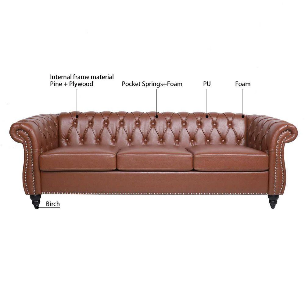 84 in. Wide Rolled Arm PU Leather Curved Sofa Seating 3-Seater Sofa with Reversible Cushions in Brown by sumyeg 5 84 in. Wide Rolled Arm PU Leather Curved Sofa Seating 3-Seater Sofa with Reversible Cushions in Brown by sumyeg - Image 3