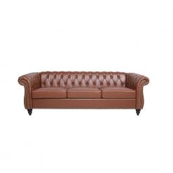 84 in. Wide Rolled Arm PU Leather Curved Sofa Seating 3-Seater Sofa with Reversible Cushions in Brown by sumyeg