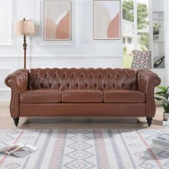 84 in. Wide Rolled Arm PU Leather Curved Sofa Seating 3-Seater Sofa with Reversible Cushions in Brown by sumyeg 26 84 in. Wide Rolled Arm PU Leather Curved Sofa Seating 3-Seater Sofa with Reversible Cushions in Brown by sumyeg -Cheap sumyeg Store brown sumyeg sofas couches su ch3534bn3 76 1000