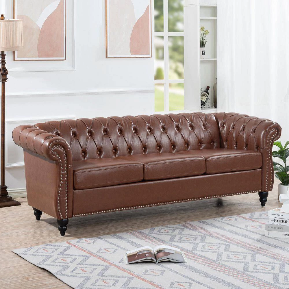 84 in. Wide Rolled Arm PU Leather Curved Sofa Seating 3-Seater Sofa with Reversible Cushions in Brown by sumyeg 4 84 in. Wide Rolled Arm PU Leather Curved Sofa Seating 3-Seater Sofa with Reversible Cushions in Brown by sumyeg - Image 2