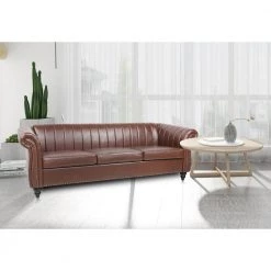 32.5 in. Round Arm Rolled Arm PU Leather Chesterfield 3-Seater Curved Sofa with Reversible Cushions in Brown by sumyeg -Cheap sumyeg Store brown sumyeg sofas couches sy 6w45 31 1000