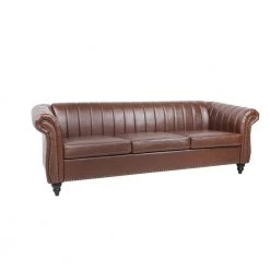 32.5 in. Round Arm Rolled Arm PU Leather Chesterfield 3-Seater Curved Sofa with Reversible Cushions in Brown by sumyeg