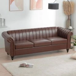 32.5 in. Round Arm Rolled Arm PU Leather Chesterfield 3-Seater Curved Sofa with Reversible Cushions in Brown by sumyeg -Cheap sumyeg Store brown sumyeg sofas couches sy 6w45 77 1000
