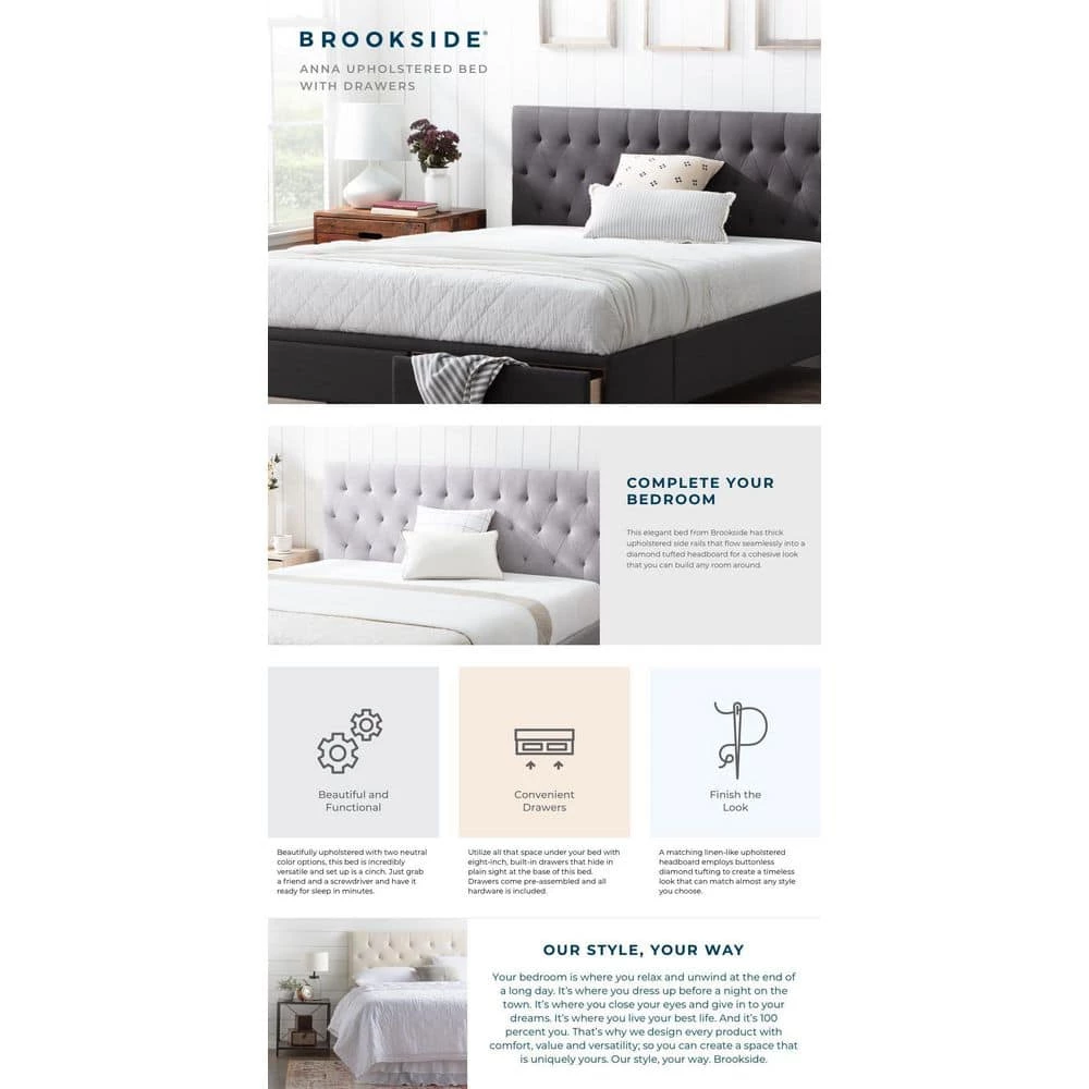 Anna Upholstered Charcoal Queen Bed with Drawers by Brookside 8 Anna Upholstered Charcoal Queen Bed with Drawers by Brookside - Image 6