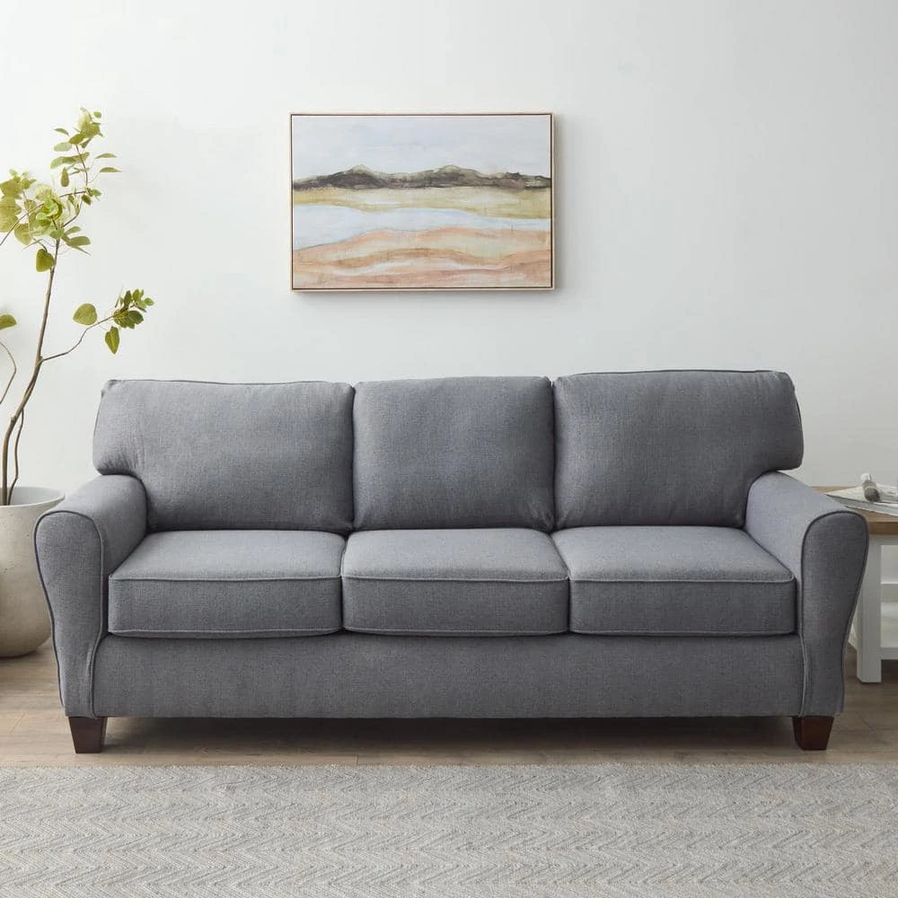 Abby 88 in. Charcoal Polyester Upholstered 3-Seater Rolled Arm Sofa by Brookside 5 Abby 88 in. Charcoal Polyester Upholstered 3-Seater Rolled Arm Sofa by Brookside - Image 3