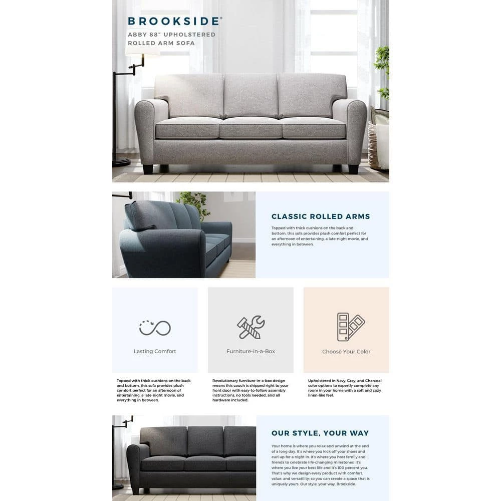 Abby 88 in. Charcoal Polyester Upholstered 3-Seater Rolled Arm Sofa by Brookside 8 Abby 88 in. Charcoal Polyester Upholstered 3-Seater Rolled Arm Sofa by Brookside - Image 6