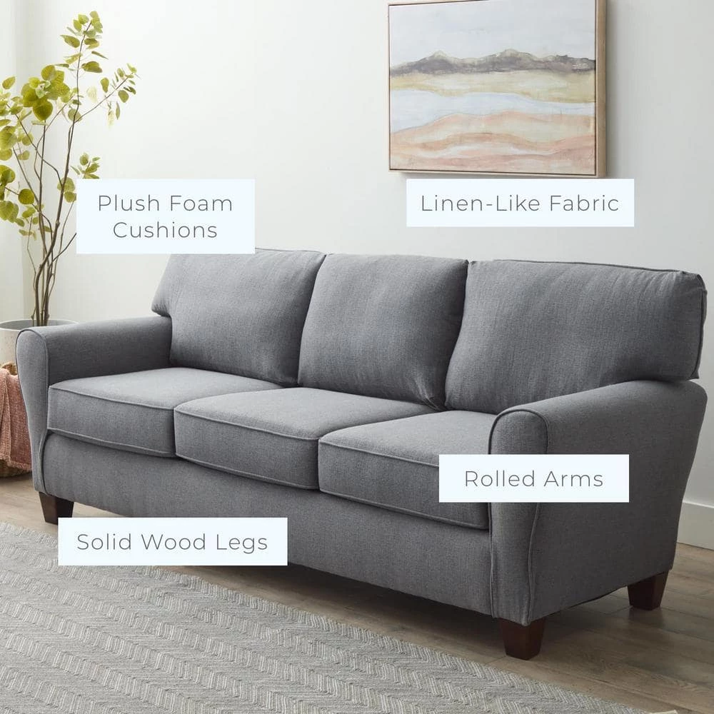 Abby 88 in. Charcoal Polyester Upholstered 3-Seater Rolled Arm Sofa by Brookside 4 Abby 88 in. Charcoal Polyester Upholstered 3-Seater Rolled Arm Sofa by Brookside - Image 2