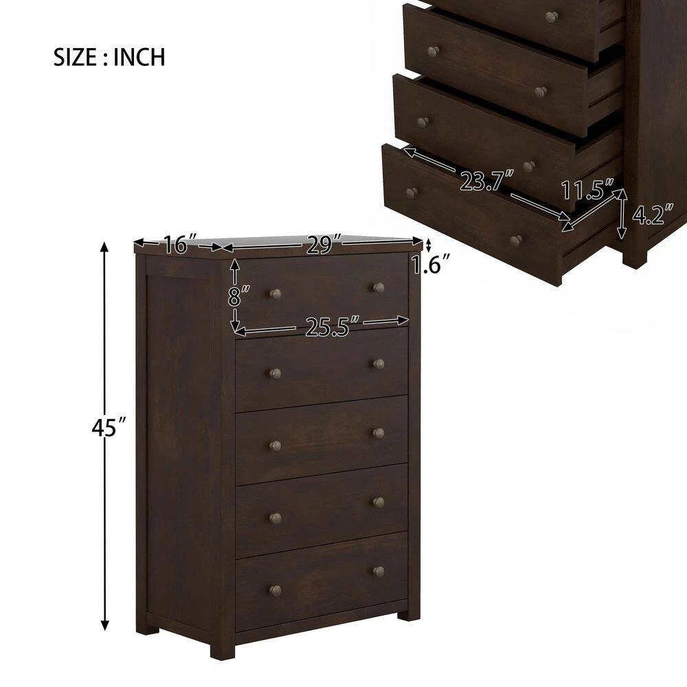 Solid Wood Chest of Drawers in Dark Brown with 5 Drawers(29.00"W x 16.00"D x 45.00"H) by Polibi 5 Solid Wood Chest of Drawers in Dark Brown with 5 Drawers(29.00"W x 16.00"D x 45.00"H) by Polibi - Image 3
