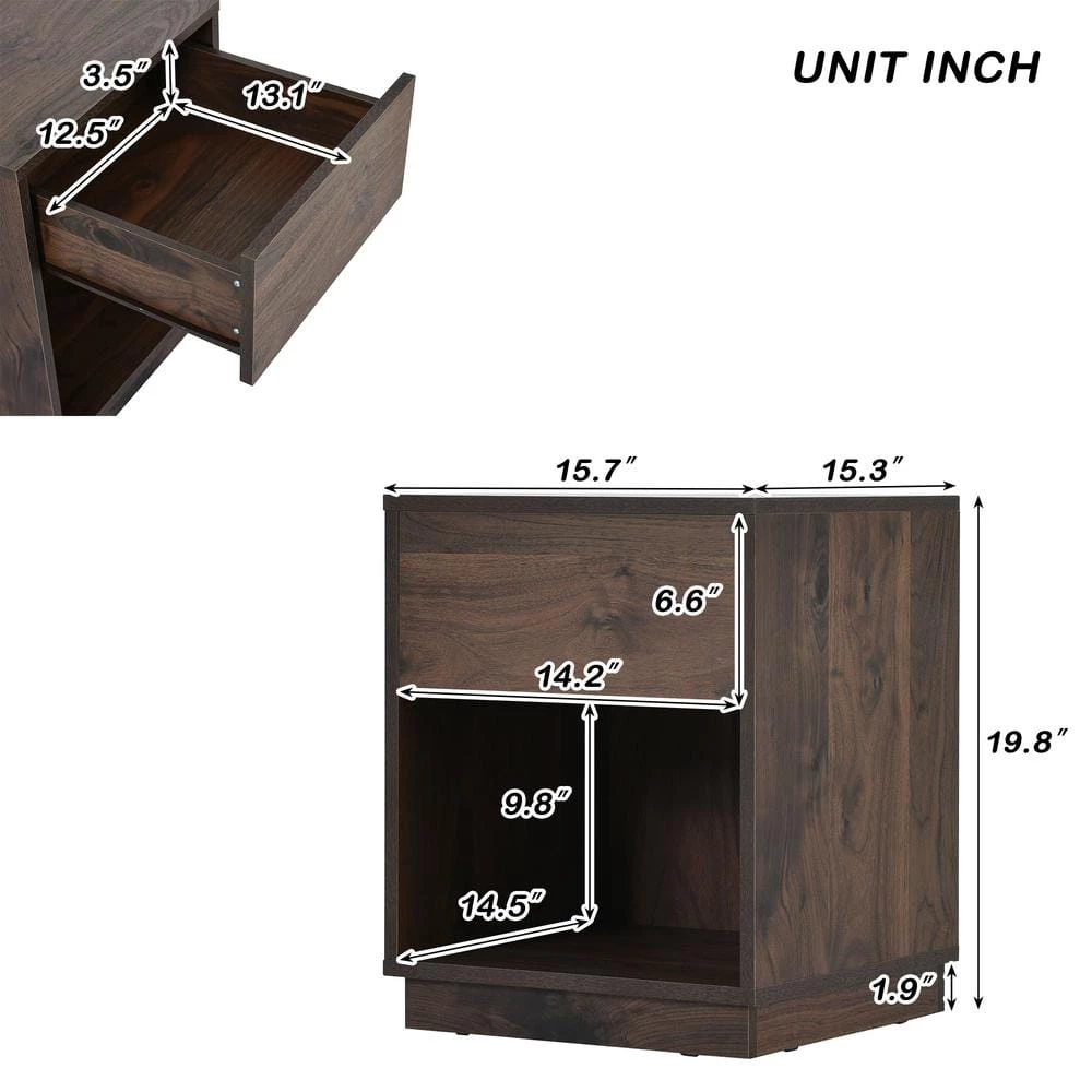 Dark Brown Mid-Century Nightstand End Table Open Storage with One Drawer(15.7"L x 15.3"W x 19.8"H) by Polibi 5 Dark Brown Mid-Century Nightstand End Table Open Storage with One Drawer(15.7"L x 15.3"W x 19.8"H) by Polibi - Image 3