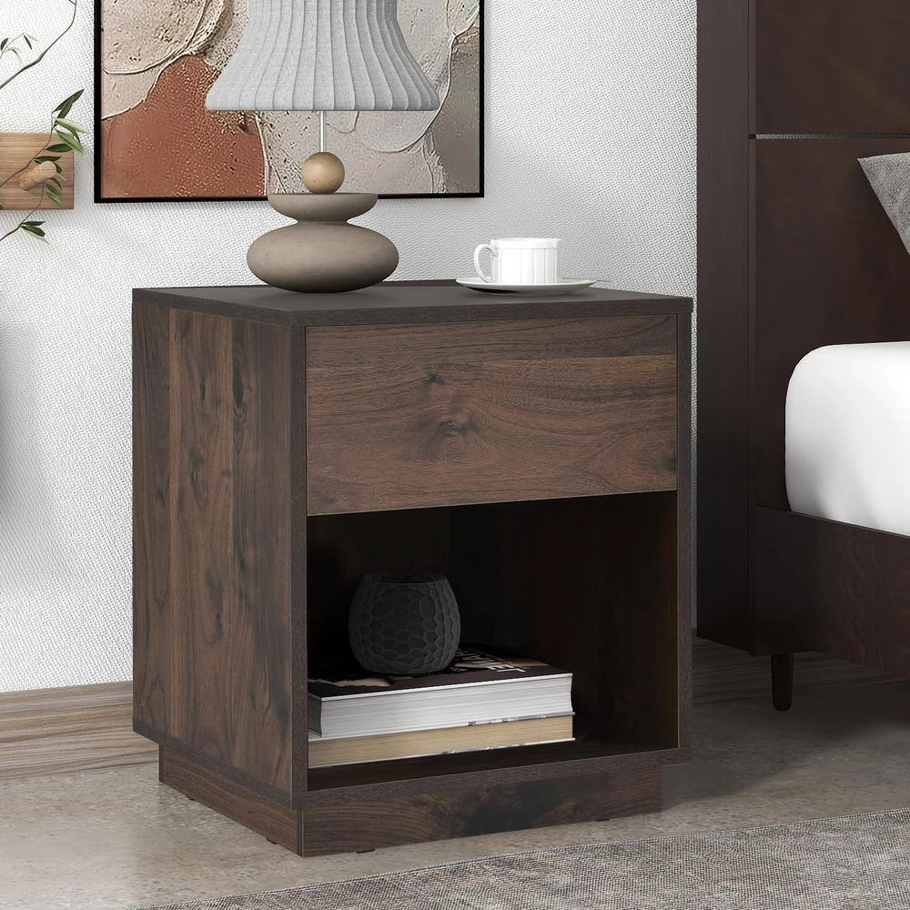 Dark Brown Mid-Century Nightstand End Table Open Storage with One Drawer(15.7"L x 15.3"W x 19.8"H) by Polibi 4 Dark Brown Mid-Century Nightstand End Table Open Storage with One Drawer(15.7"L x 15.3"W x 19.8"H) by Polibi - Image 2