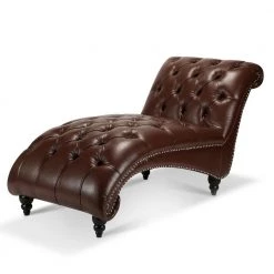 Dark Brown PU Leather Tufted Armless Chaise Lounge Lounge Chair Side Chair with Solid Wood Turned legs by sumyeg