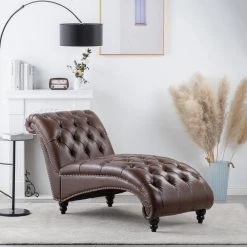 Dark Brown PU Leather Tufted Armless Chaise Lounge Lounge Chair Side Chair with Solid Wood Turned legs by sumyeg -Cheap sumyeg Store dark brown sumyeg chaise lounges su ch3927bn fa 1000