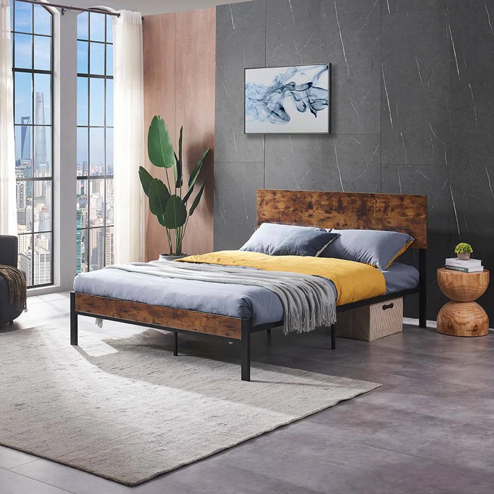 Dark Brown Modern Full Size Metal Platform Bed Frame with Wooden Headboard and Footboard by sumyeg 4 Dark Brown Modern Full Size Metal Platform Bed Frame with Wooden Headboard and Footboard by sumyeg - Image 2
