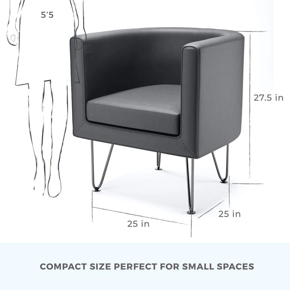 Claire Dark Gray Faux Leather Upholstered Barrel Accent Chair with Hairpin Legs by Brookside 7 Claire Dark Gray Faux Leather Upholstered Barrel Accent Chair with Hairpin Legs by Brookside - Image 5