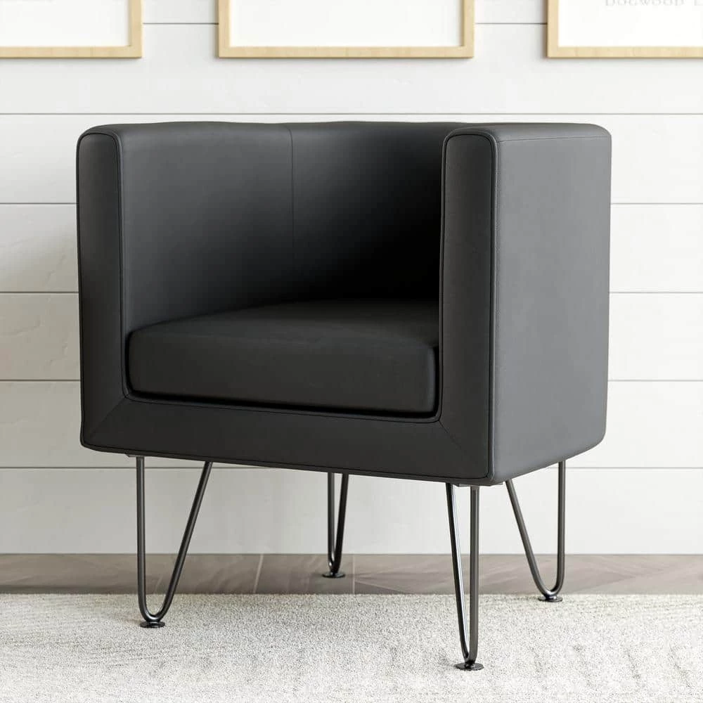 Claire Dark Gray Faux Leather Upholstered Barrel Accent Chair with Hairpin Legs by Brookside 4 Claire Dark Gray Faux Leather Upholstered Barrel Accent Chair with Hairpin Legs by Brookside - Image 2