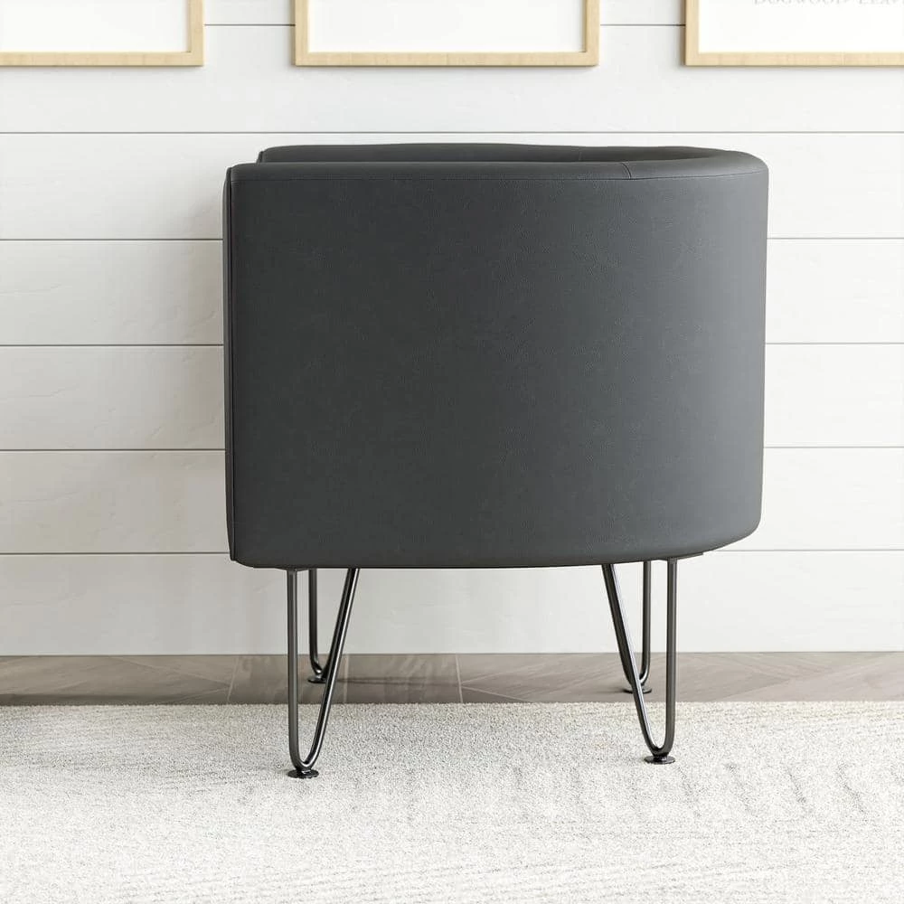 Claire Dark Gray Faux Leather Upholstered Barrel Accent Chair with Hairpin Legs by Brookside 11 Claire Dark Gray Faux Leather Upholstered Barrel Accent Chair with Hairpin Legs by Brookside - Image 9