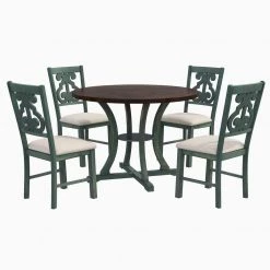 5-Piece Wood Top Round Dining Table and Chair Set with Special-shaped Legs and an Hollow Chair Back in Dark green by Polibi