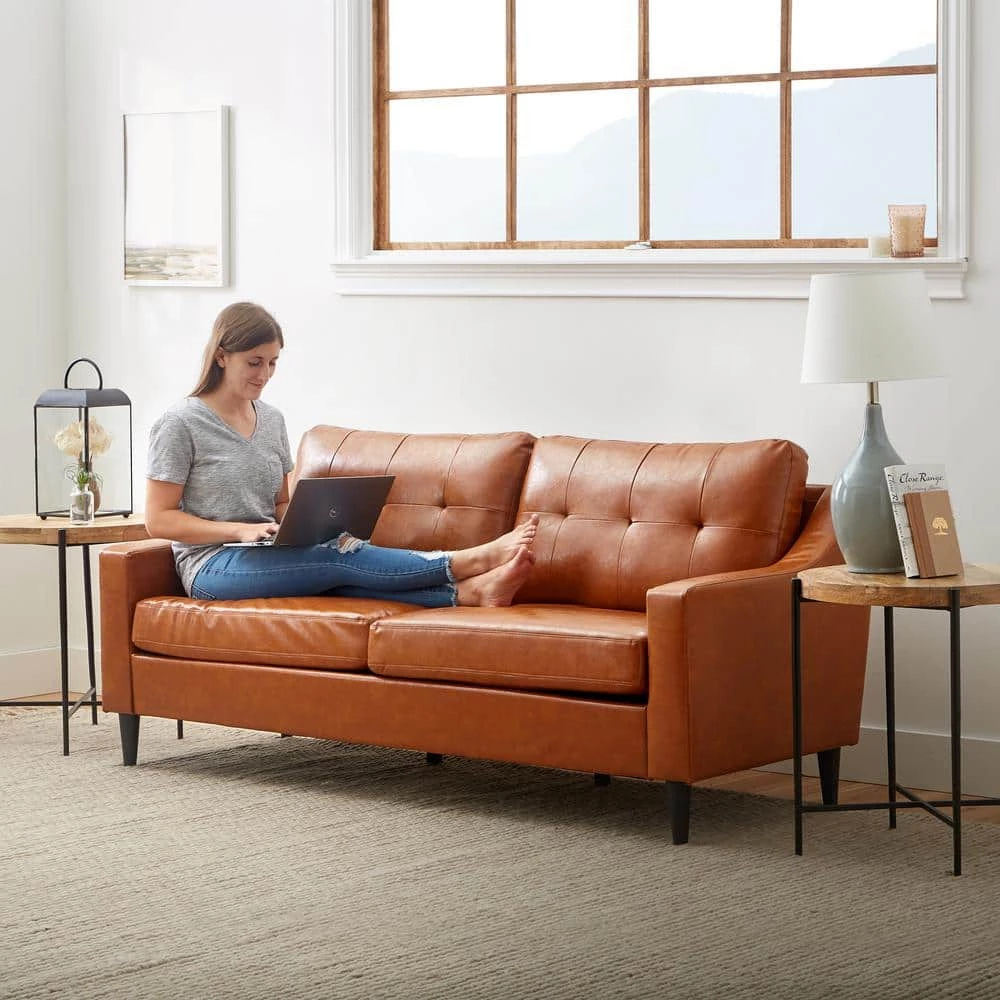 Ellen 75.5 in. Brown Camel Slope Arm Faux Leather Upholstered Straight 3-Seater Sofa by Brookside 5 Ellen 75.5 in. Brown Camel Slope Arm Faux Leather Upholstered Straight 3-Seater Sofa by Brookside - Image 3