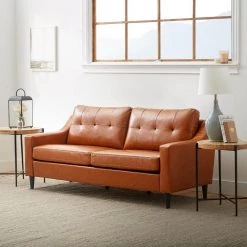 EllenĀ 75.5 in. Brown Camel Slope Arm Faux Leather Upholstered Straight 3-Seater Sofa by Brookside