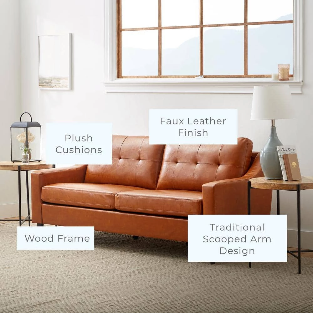 Ellen 75.5 in. Brown Camel Slope Arm Faux Leather Upholstered Straight 3-Seater Sofa by Brookside 6 Ellen 75.5 in. Brown Camel Slope Arm Faux Leather Upholstered Straight 3-Seater Sofa by Brookside - Image 4